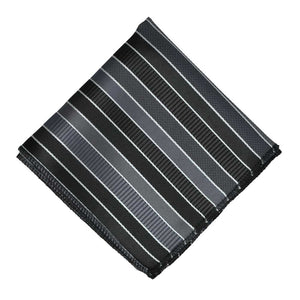 Flat front view of a black, gray and white striped pocket square