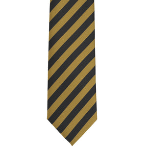 Front view of a black and old gold striped tie