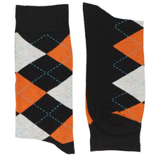 Load image into Gallery viewer, Pair of men&#39;s black and orange argyle socks - Halloween colors