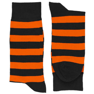 Pair of men's black and orange striped socks, horizontal stripes