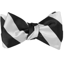 Load image into Gallery viewer, Black and pale silver striped self-tie bow tie, tied