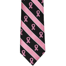 Load image into Gallery viewer, Pink and black striped extra long tie with breast cancer awareness ribbons