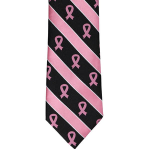 Pink and black striped extra long tie with breast cancer awareness ribbons