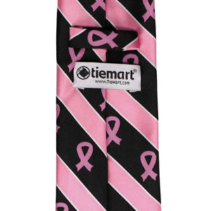 Back tag view of a pink and black striped extra long tie with pink ribbons