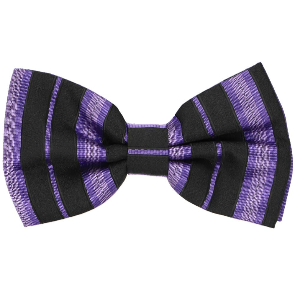 A black pre-tied bow tie with light purple vertical stripes