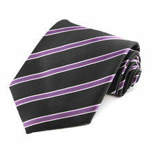 Load image into Gallery viewer, Black and purple striped extra long necktie, rolled view