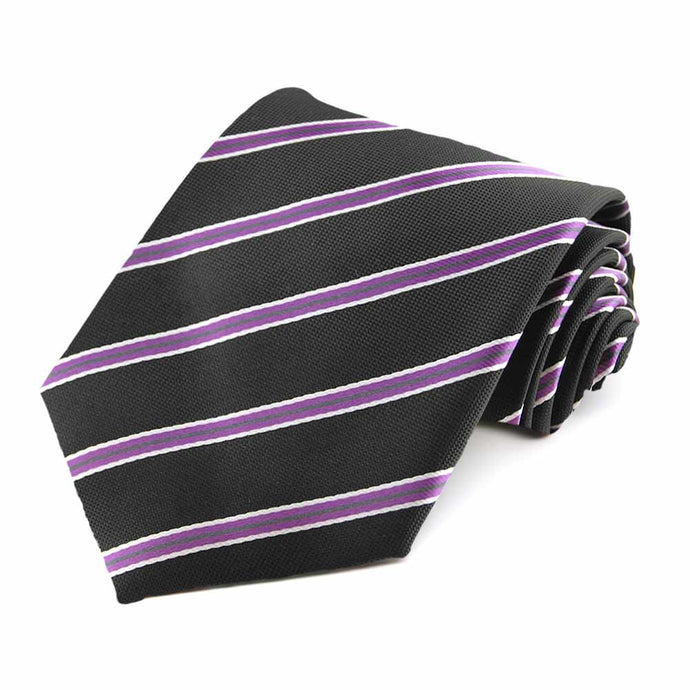 Black and purple striped extra long necktie, rolled view
