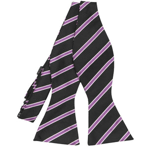 Black and purple striped self-tie bow tie, untied front view