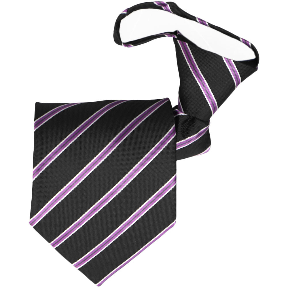 A black zipper tie with purple pinstripes, folded to show off the tie tip and knot