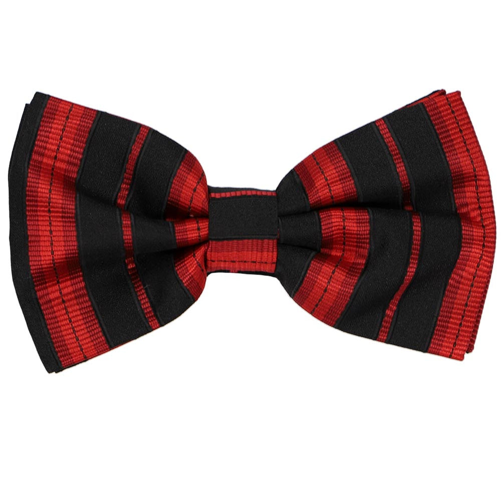Red and black striped bow tie, close up front view to show woven texture of fabric