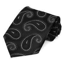 Load image into Gallery viewer, Black and silver metallic paisley tie
