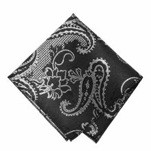 Load image into Gallery viewer, Black and Silver Kilburn Paisley Pocket Square