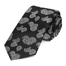 Load image into Gallery viewer, Black and silver metallic paisley slim tie