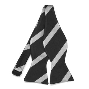 An untied black and silver striped self-tie bow tie
