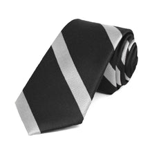 Load image into Gallery viewer, Black and silver striped skinny necktie, rolled to show the texture of the stripes