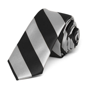 Black and Silver Striped Skinny Tie, 2" Width