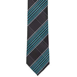The front bottom view of a black and turquoise slim tie