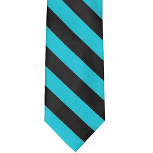 Front view of a turquoise and black striped tie, laid out flat