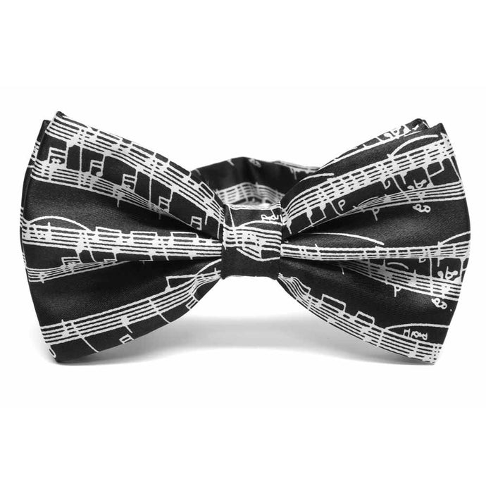 A black pre-tied bow tie featuring white sheet music