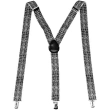 Load image into Gallery viewer, A pa of spider and spider web suspenders in black and white, laid out into an M shape