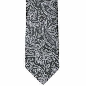 Flat front view, black and silver paisley tie
