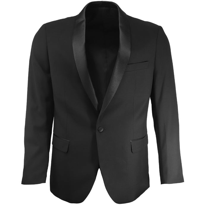 Front view of a black dinner jacket with satin lapel details 