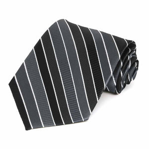 Rolled view of a black, gray and white striped necktie