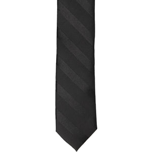 The front of a black elite striped tie, laid out flat