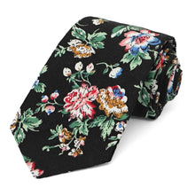 Load image into Gallery viewer, Colorful rolled black floral pattern narrow tie