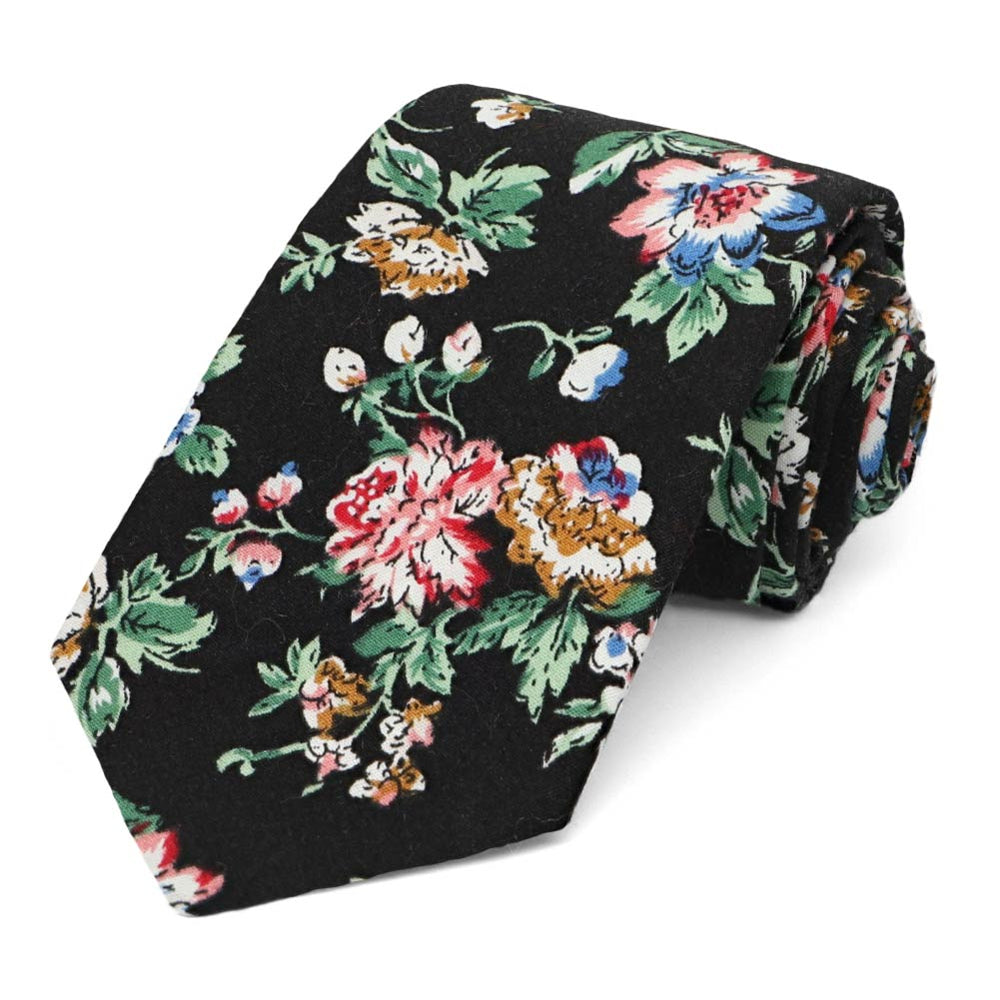 Colorful rolled black floral pattern narrow tie