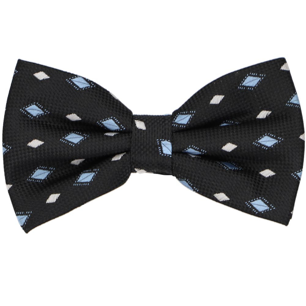 Black bow tie with small white and light blue diamond shapes, close up front view