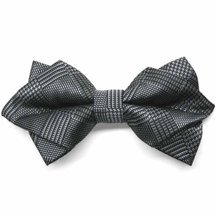 Black and gray plaid diamond tip bow tie, close up front view
