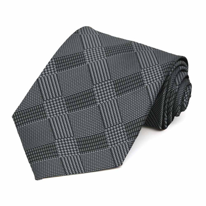 Black and gray plaid extra long necktie, rolled view