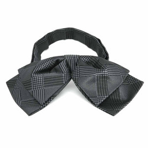 Black and gray plaid floppy bow tie, front view