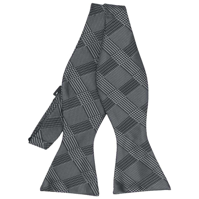 Black and gray plaid self-tie bow tie, untied front view