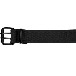 The buckle on a black canvas belt