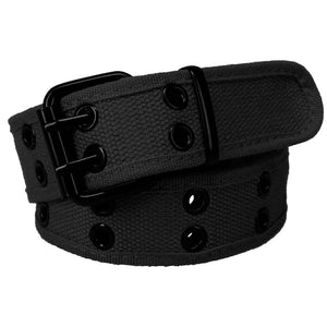 Coiled black double grommet belt with black hardware