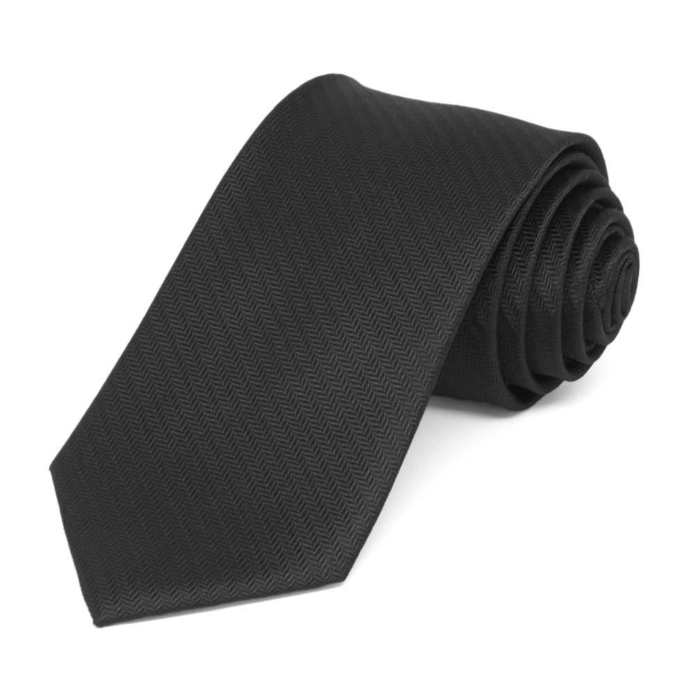 Black Herringbone Silk Slim Necktie, 2.5