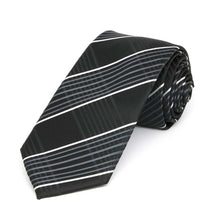 Load image into Gallery viewer, Rolled view of a black, white and silver plaid slim necktie