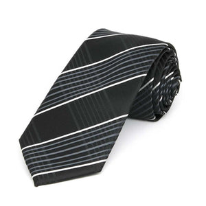 Rolled view of a black, white and silver plaid slim necktie