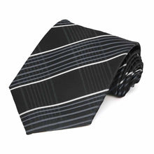 Load image into Gallery viewer, Rolled view of a black, silver and white plaid tie
