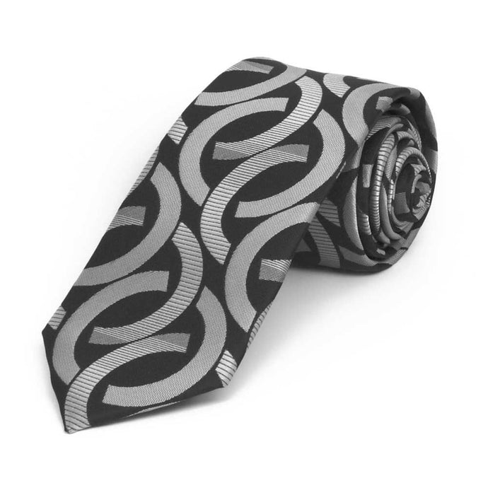 Black and silver link pattern slim necktie, rolled view