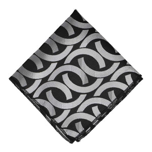 Black and silver link pattern pocket square, flat front view