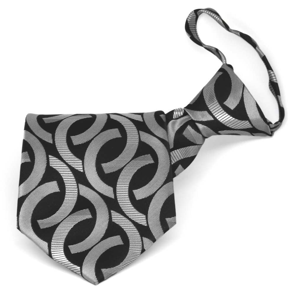 Black and silver link pattern zipper tie, folded front view