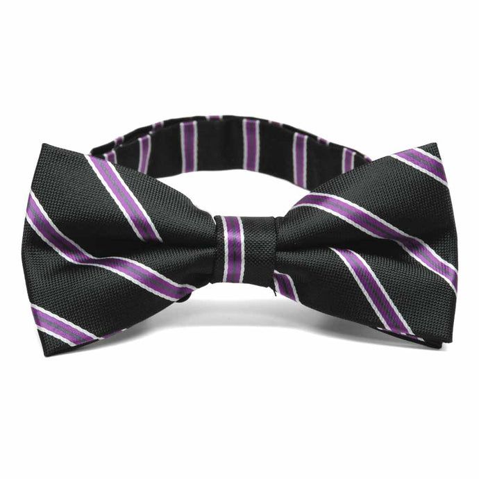Black and purple striped bow tie, front view