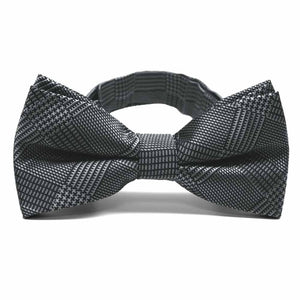 Black and gray plaid bow tie, close up front view