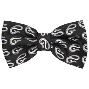 Black and silver paisley bow tie, close up front view
