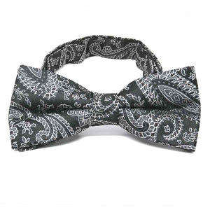 Black and silver paisley bow tie, front view