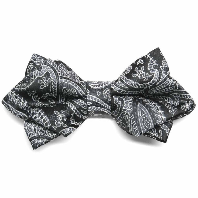 Black and silver paisley diamond tip bow tie, front view