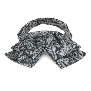 Black and silver paisley floppy bow tie, front view